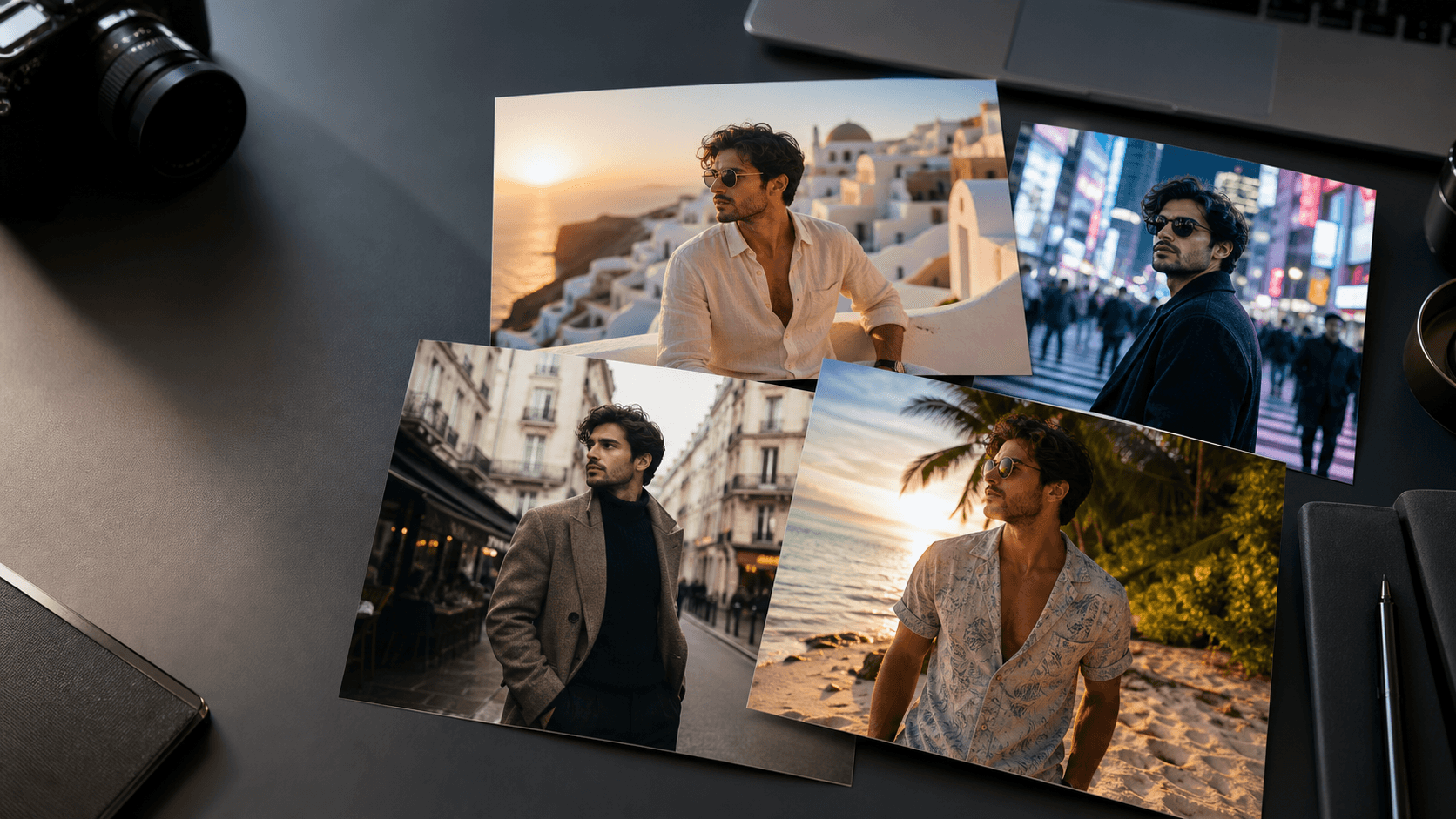 A set of professional AI travel photoshoot portraits arranged on a production desk