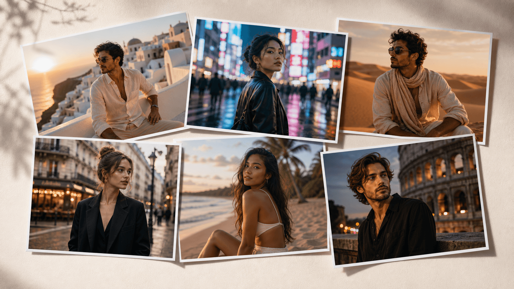 A collage of AI-generated travel portraits in Santorini, Tokyo, Sahara, Paris, Bali, and Rome